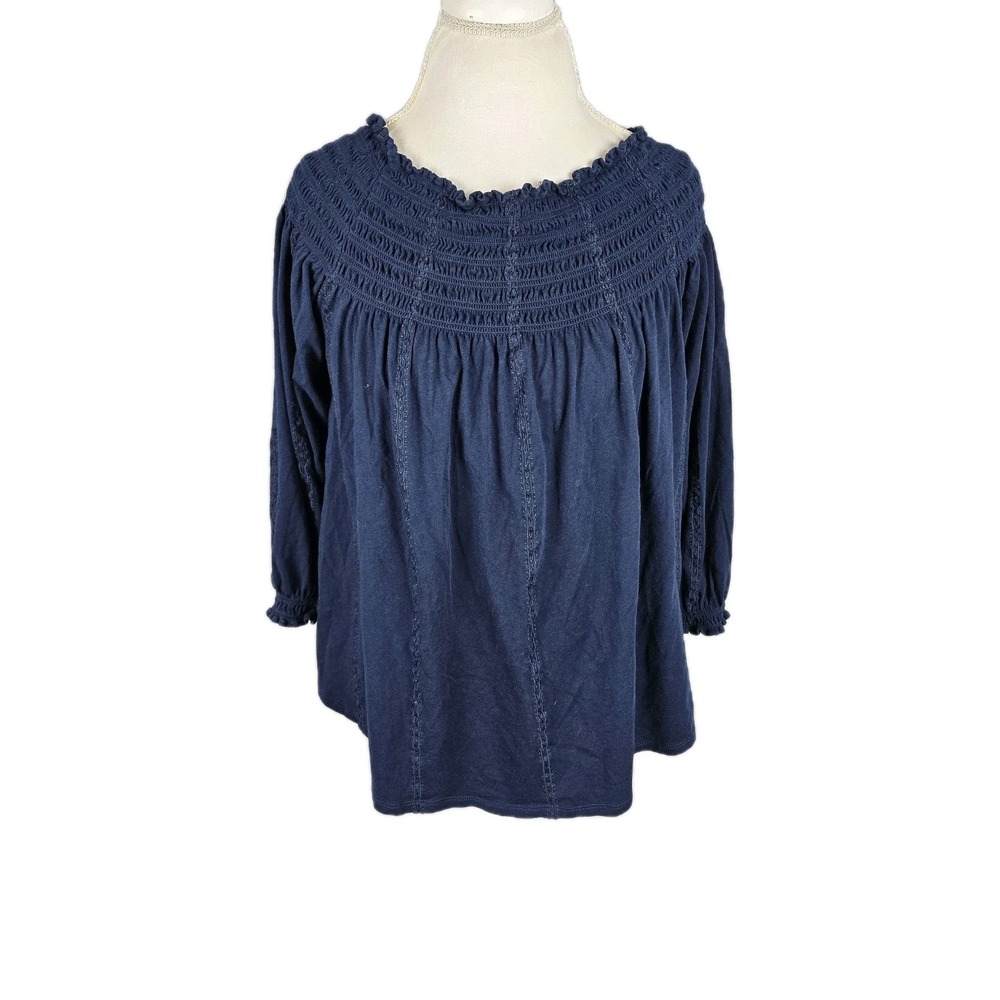 Lauren Ralph Lauren Navy Blue Smocked Peasant‎ Blouse Lace Trim Cotton Modal L